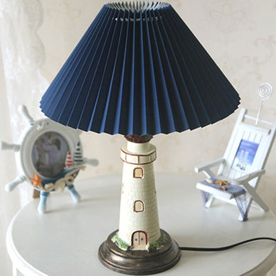 Creative Mediterranean Pleated Lampshade Lighthouse Base 1-Light Table Lamp