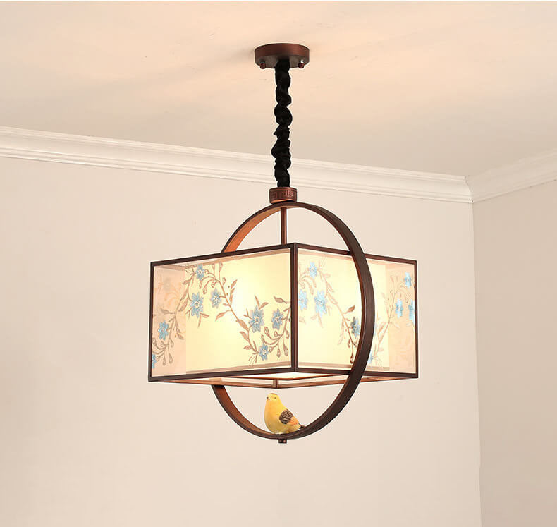 Modern Square Fabric 1-Light Chinese Style Embroidery Pendant Light