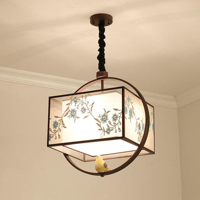 Modern Square Fabric 1-Light Chinese Style Embroidery Pendant Light