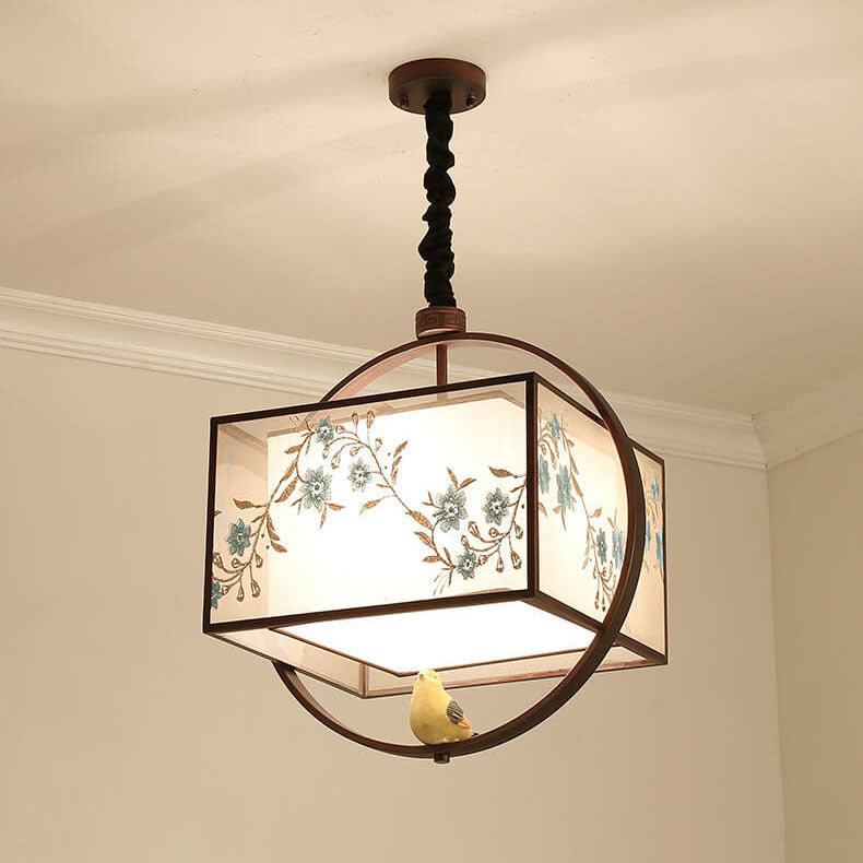 Modern Square Fabric 1-Light Chinese Style Embroidery Pendant Light