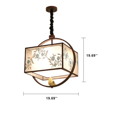 Modern Square Fabric 1-Light Chinese Style Embroidery Pendant Light