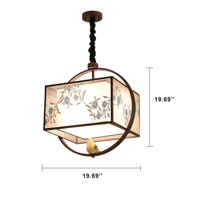 Modern Square Fabric 1-Light Chinese Style Embroidery Pendant Light