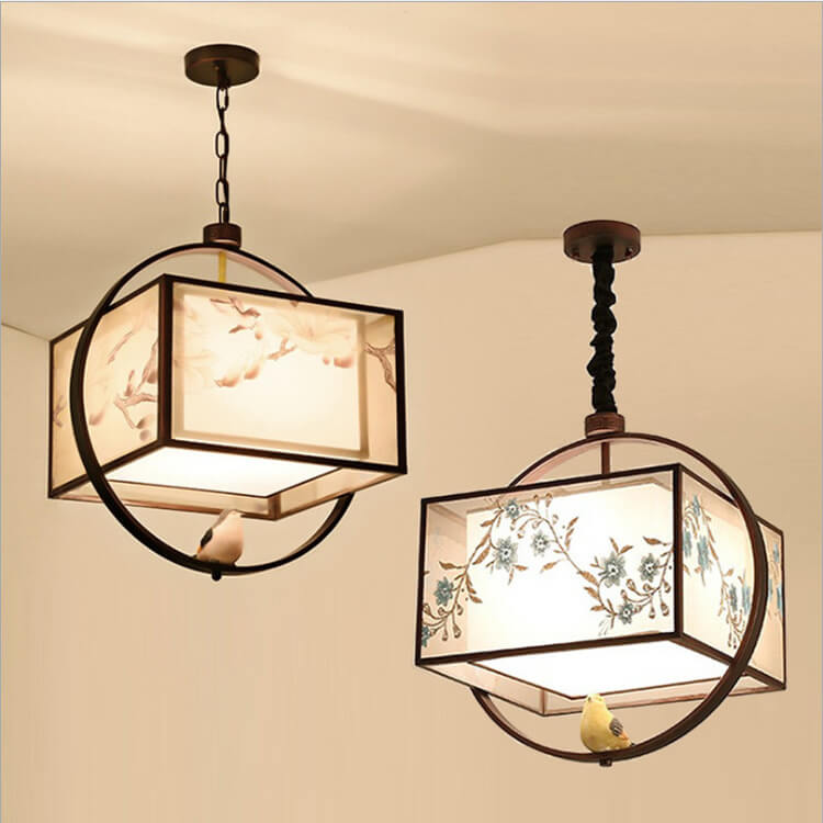 Modern Square Fabric 1-Light Chinese Style Embroidery Pendant Light