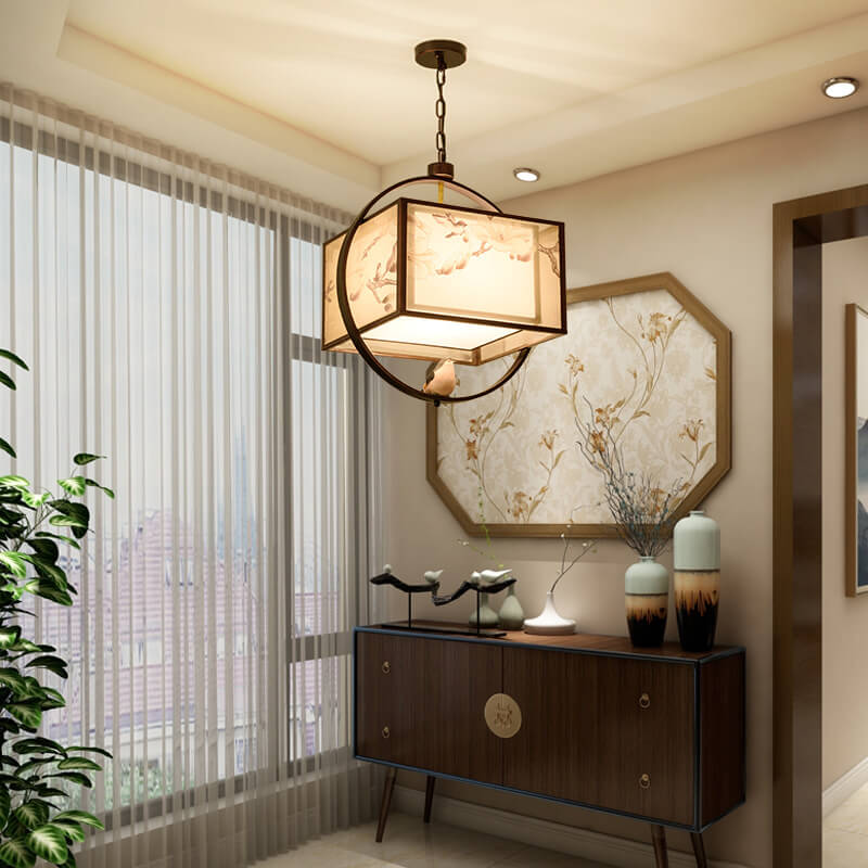 Modern Square Fabric 1-Light Chinese Style Embroidery Pendant Light