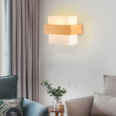 Modern Wooden Glass Square 1-Light Wall Sconce Lamp