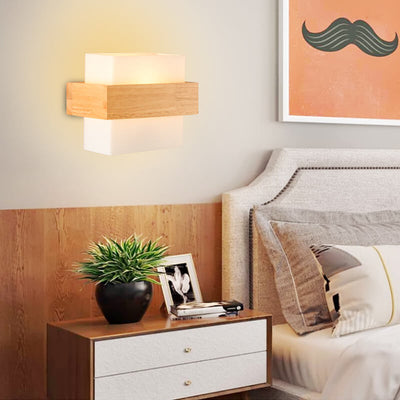 Modern Wooden Glass Square 1-Light Wall Sconce Lamp