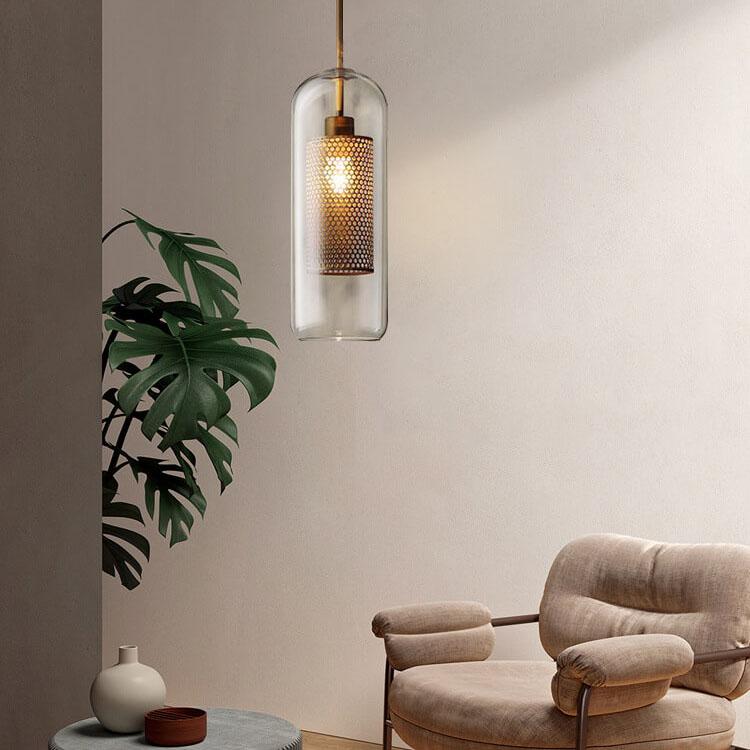 Luminaire suspendu cylindrique à 1 lumière en verre transparent