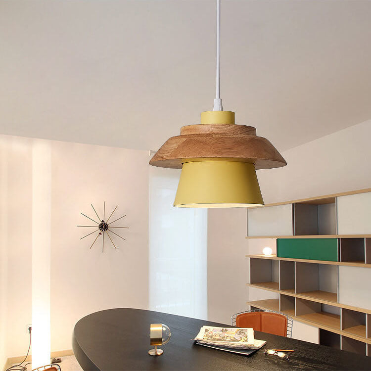 Modern Metal Wooden Top 1-Light Cylinder Pendant Light