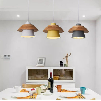 Modern Metal Wooden Top 1-Light Cylinder Pendant Light