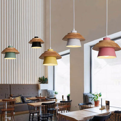 Modern Metal Wooden Top 1-Light Cylinder Pendant Light