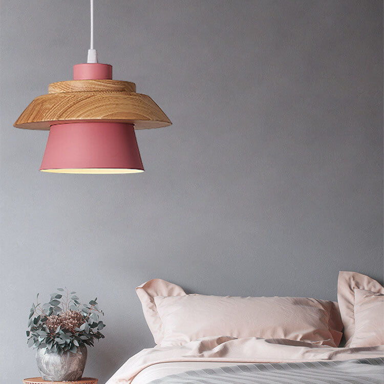 Modern Metal Wooden Top 1-Light Cylinder Pendant Light