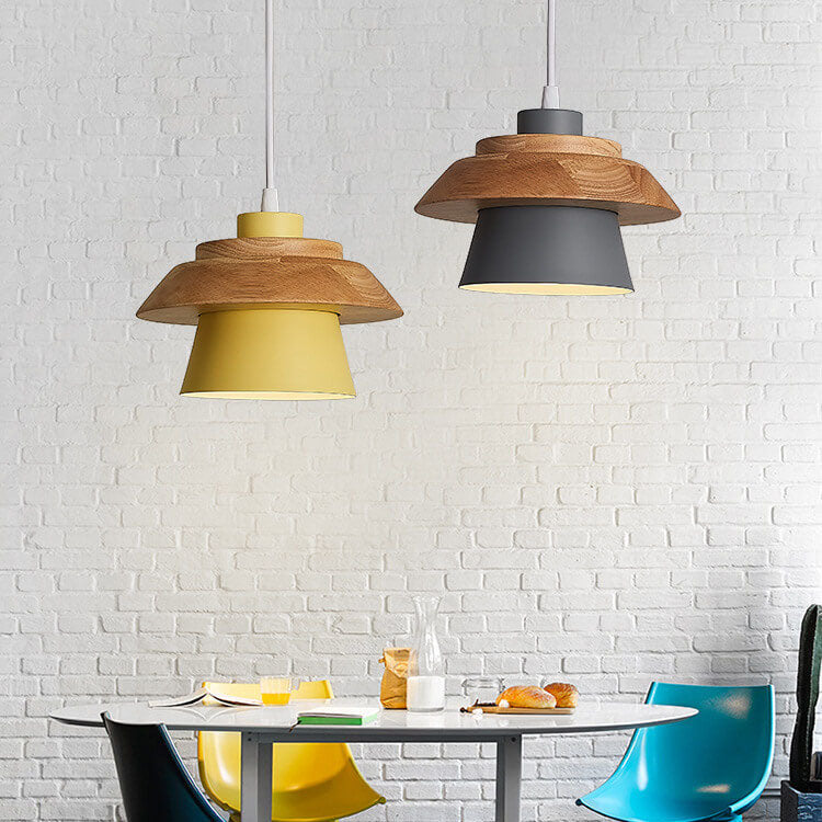 Modern Metal Wooden Top 1-Light Cylinder Pendant Light