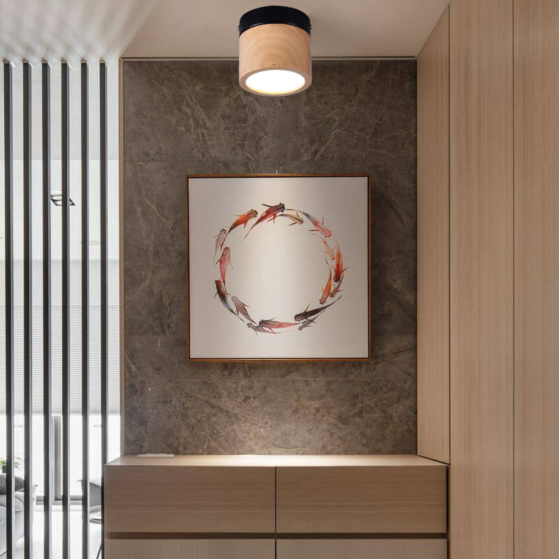 Wooden Circle 1-Light LED Semi-Flush Mount Lighting