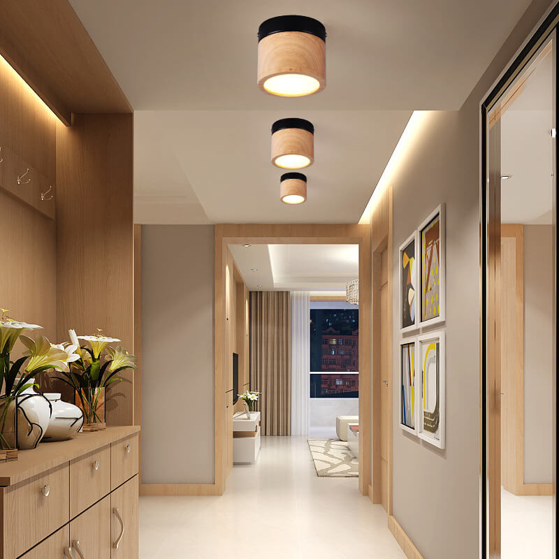 Wooden Circle 1-Light LED Semi-Flush Mount Lighting