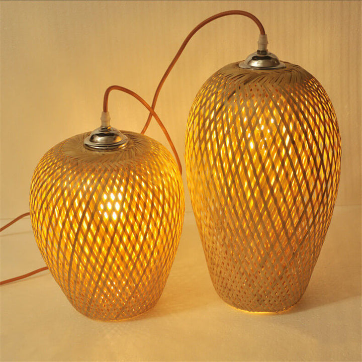 Traditionelle Vintage-Pendelleuchte aus Bambus und Metallgeflecht, rund, 1-flammig, für das Wohnzimmer 