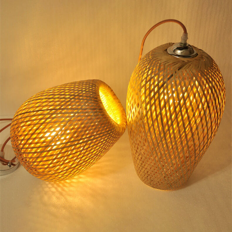Traditionelle Vintage-Pendelleuchte aus Bambus und Metallgeflecht, rund, 1-flammig, für das Wohnzimmer 