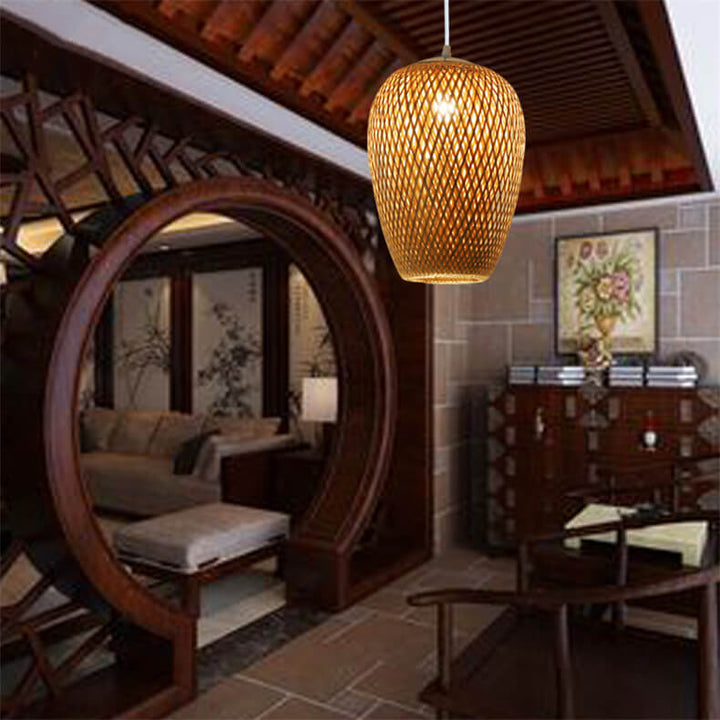 Traditionelle Vintage-Pendelleuchte aus Bambus und Metallgeflecht, rund, 1-flammig, für das Wohnzimmer 