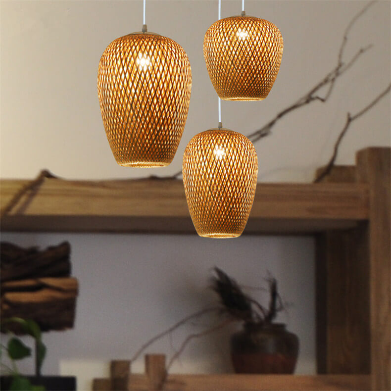 Traditionelle Vintage-Pendelleuchte aus Bambus und Metallgeflecht, rund, 1-flammig, für das Wohnzimmer 