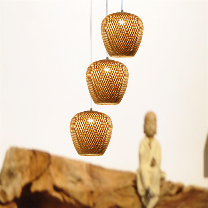 Traditionelle Vintage-Pendelleuchte aus Bambus und Metallgeflecht, rund, 1-flammig, für das Wohnzimmer 