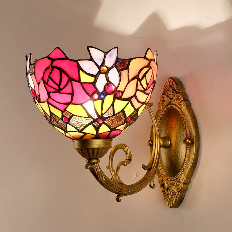 Lámpara de pared con aplique de 1 luz de vidrio Tiffany Peony 