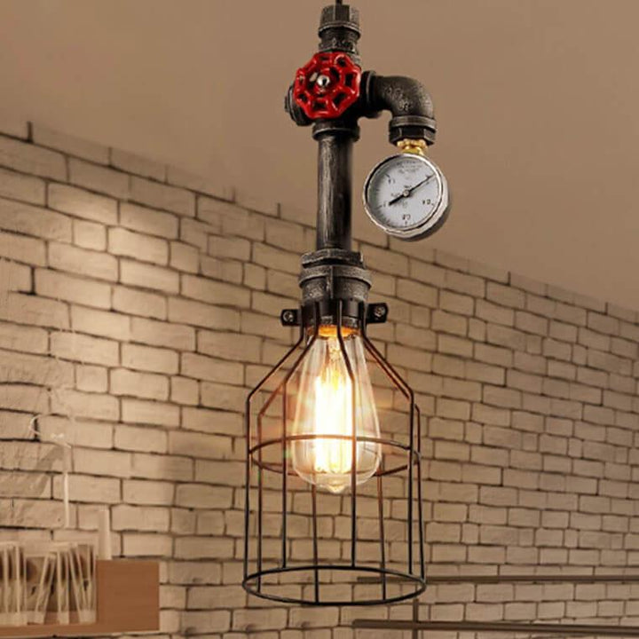 Luz colgante de diseño industrial retro con forma de botella de metal de 1 luz, válvula roja y enchufe de tubería 