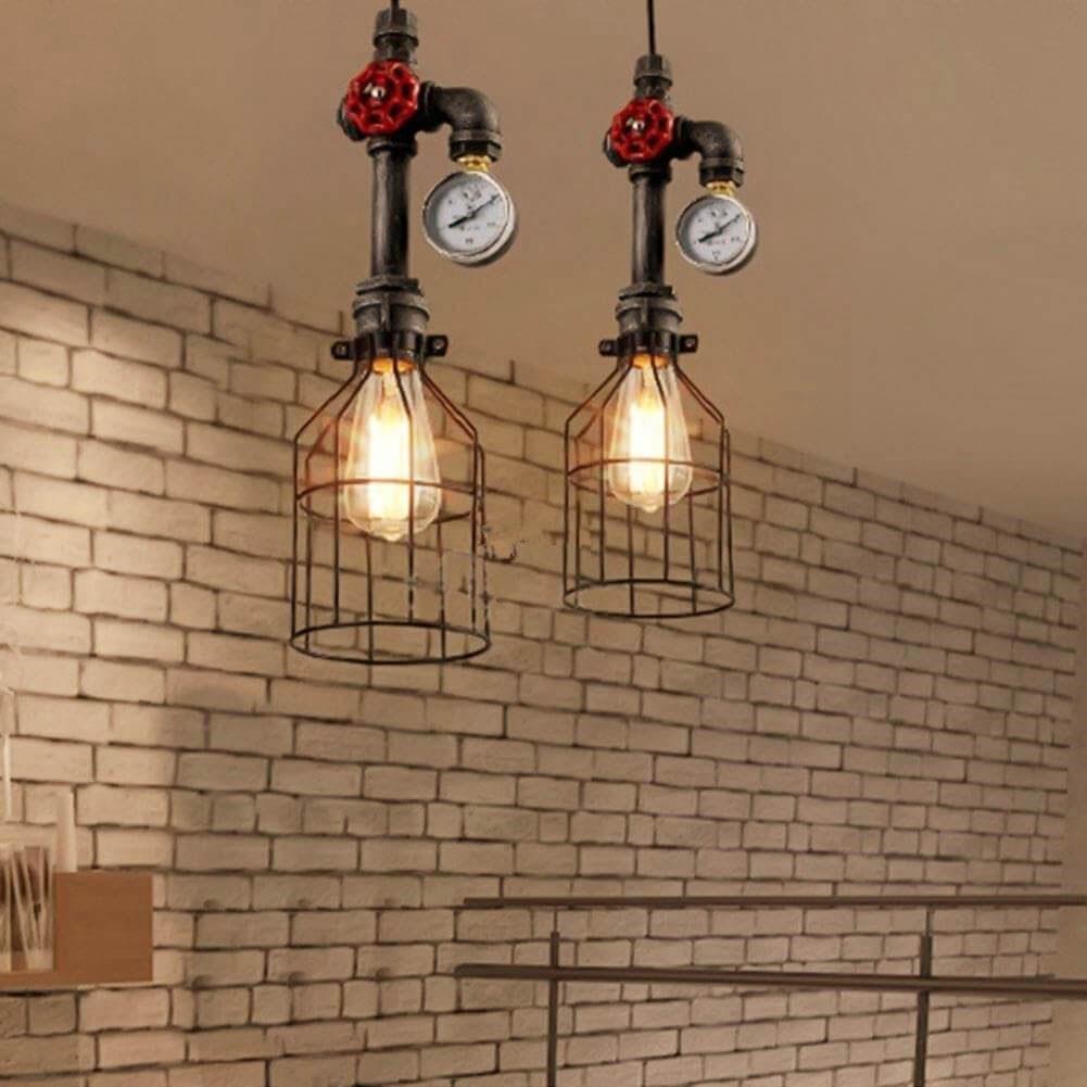 Luz colgante de diseño industrial retro con forma de botella de metal de 1 luz, válvula roja y enchufe de tubería 