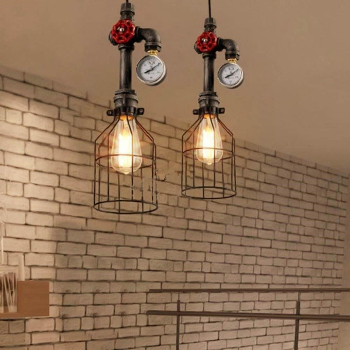 Luz colgante de diseño industrial retro con forma de botella de metal de 1 luz, válvula roja y enchufe de tubería 