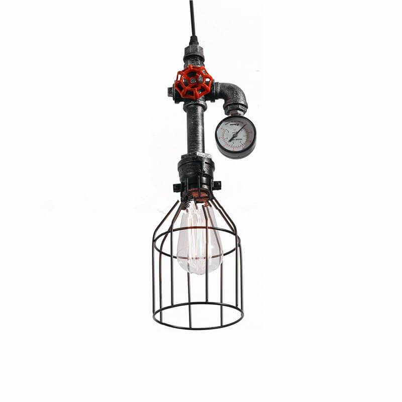 Luz colgante de diseño industrial retro con forma de botella de metal de 1 luz, válvula roja y enchufe de tubería 