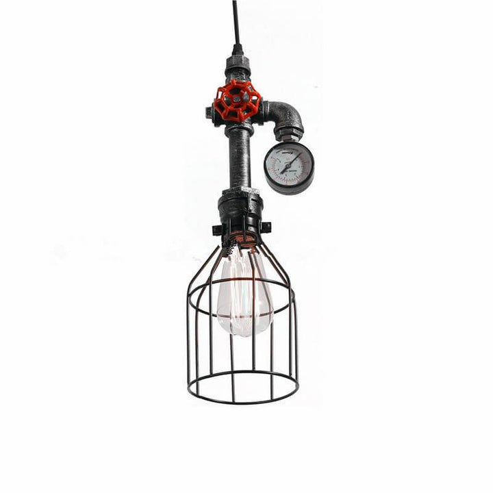 Luz colgante de diseño industrial retro con forma de botella de metal de 1 luz, válvula roja y enchufe de tubería 