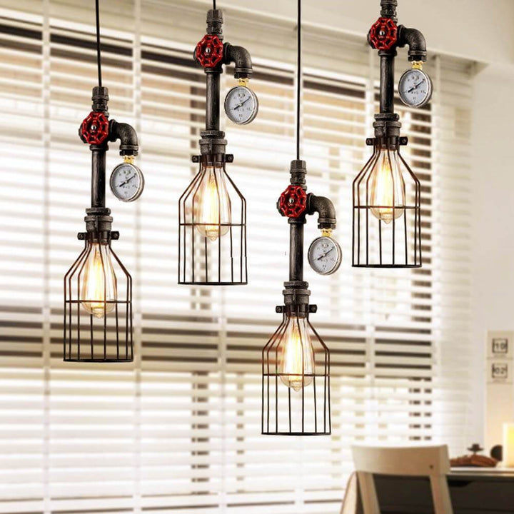 Luz colgante de diseño industrial retro con forma de botella de metal de 1 luz, válvula roja y enchufe de tubería 