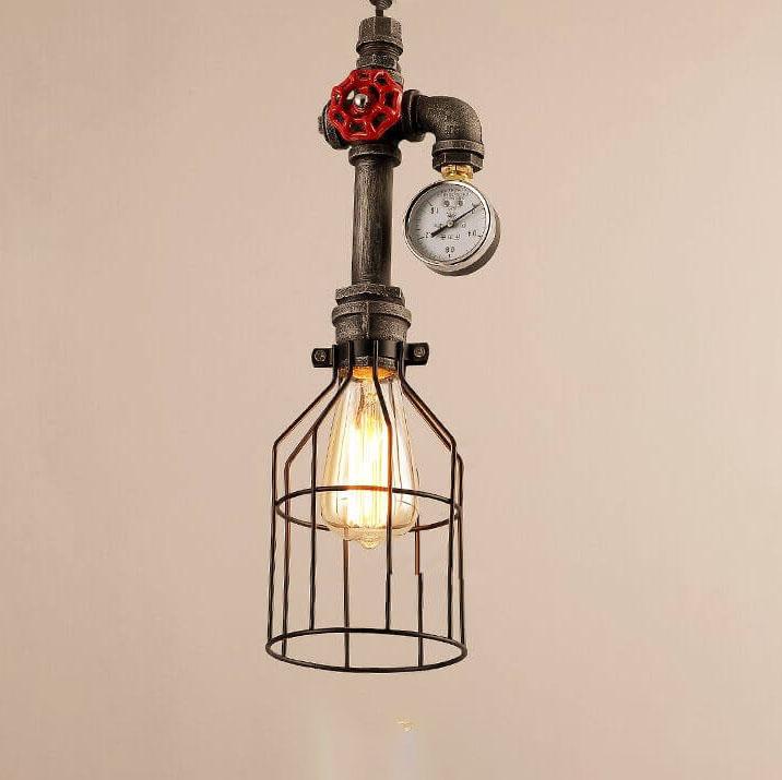 Luz colgante de diseño industrial retro con forma de botella de metal de 1 luz, válvula roja y enchufe de tubería 