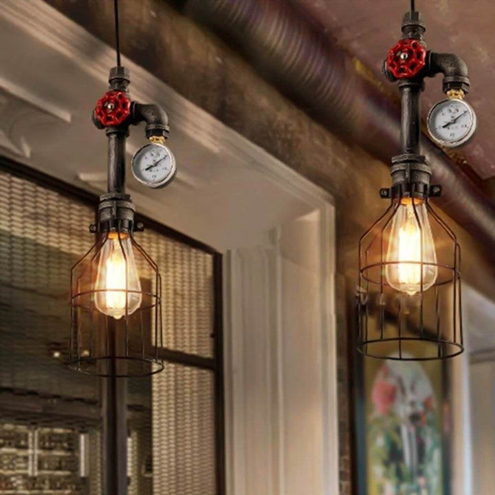 Luz colgante de diseño industrial retro con forma de botella de metal de 1 luz, válvula roja y enchufe de tubería 