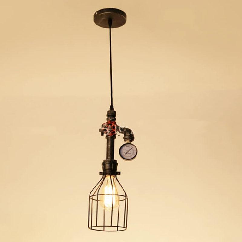 Luz colgante de diseño industrial retro con forma de botella de metal de 1 luz, válvula roja y enchufe de tubería 