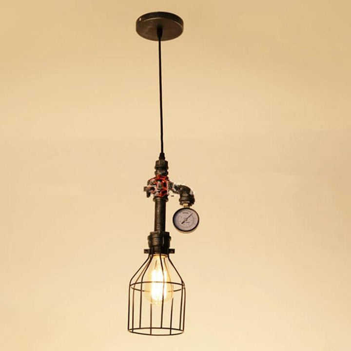 Luz colgante de diseño industrial retro con forma de botella de metal de 1 luz, válvula roja y enchufe de tubería 