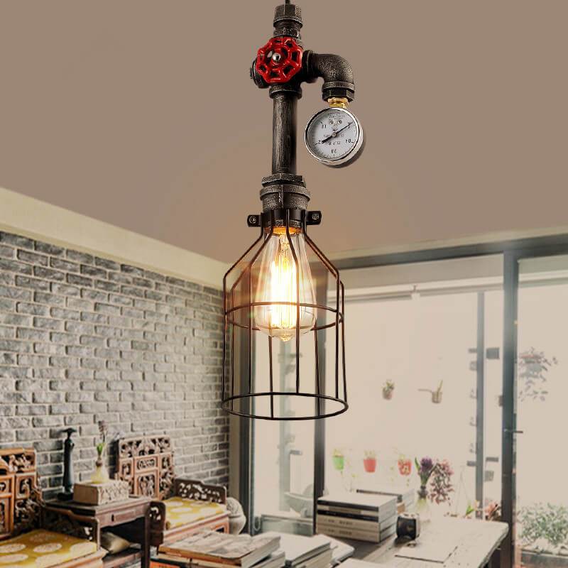 Luz colgante de diseño industrial retro con forma de botella de metal de 1 luz, válvula roja y enchufe de tubería 