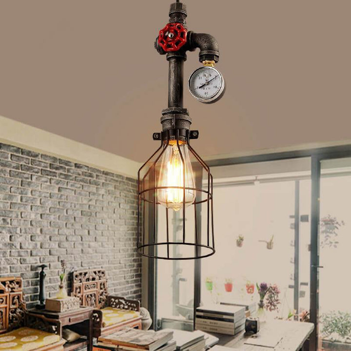 Luz colgante de diseño industrial retro con forma de botella de metal de 1 luz, válvula roja y enchufe de tubería 