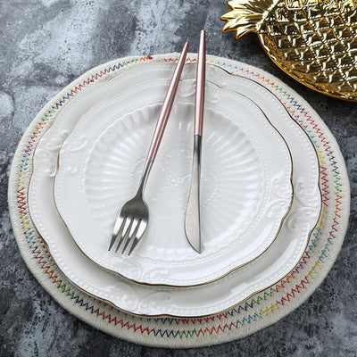 European Style Embossed Metal Gold Rim Porcelain Dinner Plate