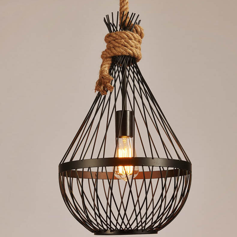 Industrial Teardrop Shaped 1-Light Iron Cage Hemp Rope Pendant Light