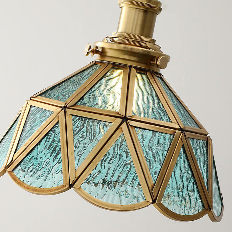 Contemporary Nordic Water Pattern Glass Copper Geometric Cone Brass 1-Light Pendant Light For Living Room