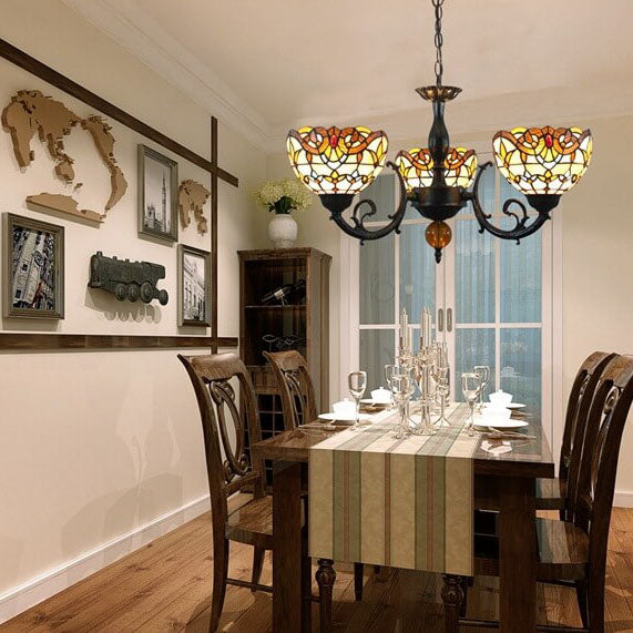 Vintage Tiffany Baroque Stained Glass 3-Light Chandelier