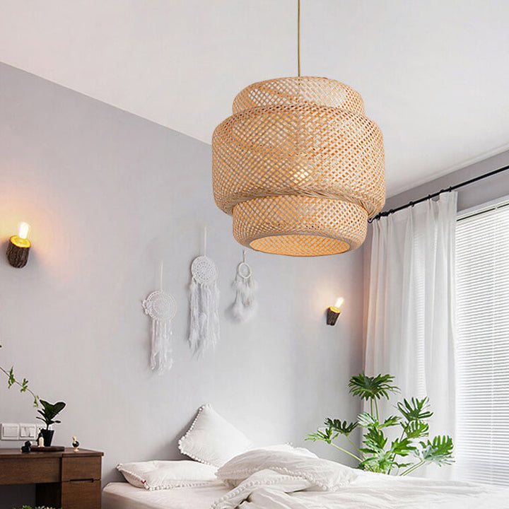 Traditional Japanese Round Bamboo Weaving Column 1-Light Pendant Light For Bedroom
