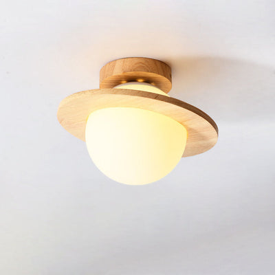 Japanese Minimalist Round Ball Wooden Glass 1-Light Semi-Flush Mount Light