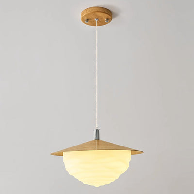 Traditional Japanese Imitation Wood Grain PE Corrugated Shade LED Pendant Light For Living Room