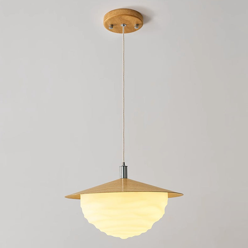 Traditional Japanese Imitation Wood Grain PE Corrugated Shade LED Pendant Light For Living Room