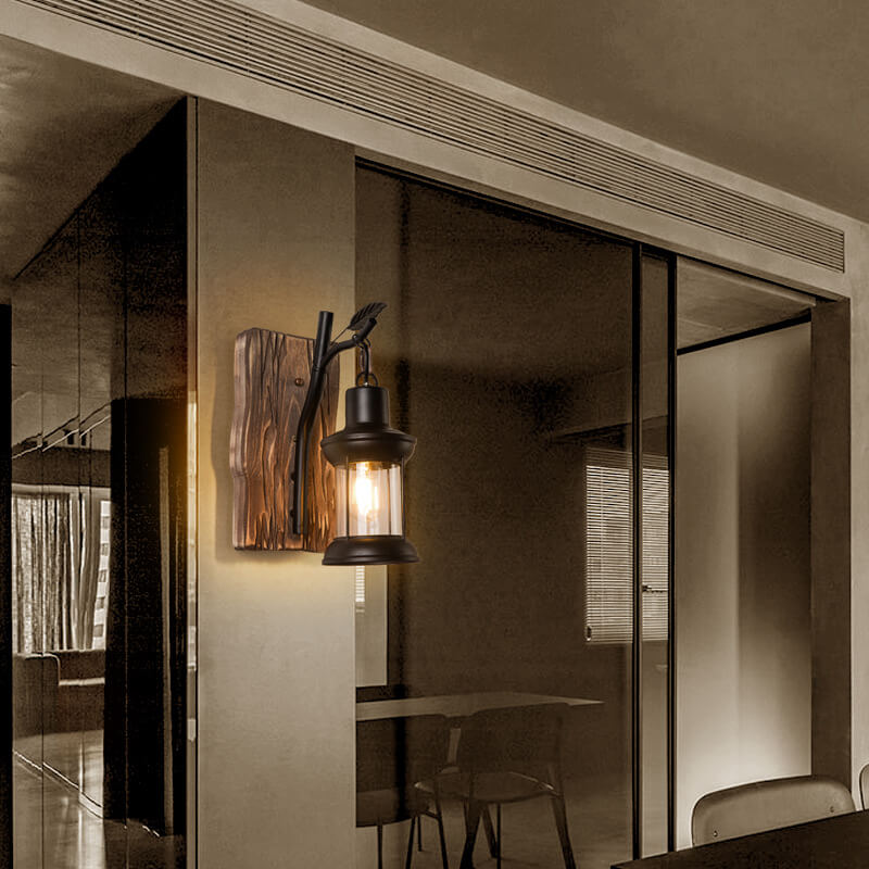 Retro Industrial Wood Iron 1-Light Wall Sconce Lamp