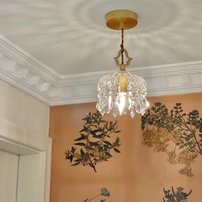 Moderne Art Deco Messing kariert Glas Schatten Kristall Perlen 1-Licht Pendelleuchte für Wohnzimmer 