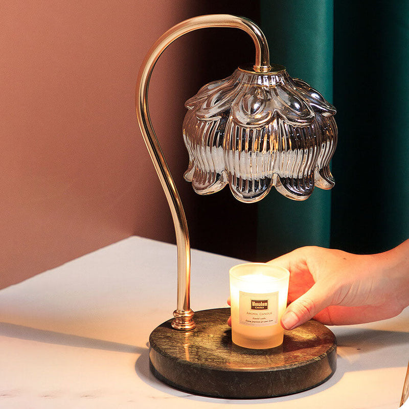 Lámpara de mesa de cera derretida de 1 luz con diseño de orquídea campana creativa japonesa base de mármol de madera 