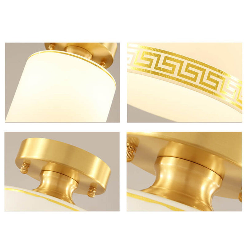 Modern Chinese Full Brass Glass Cylindrical 1-Light Semi-Flush Mount Ceiling Light