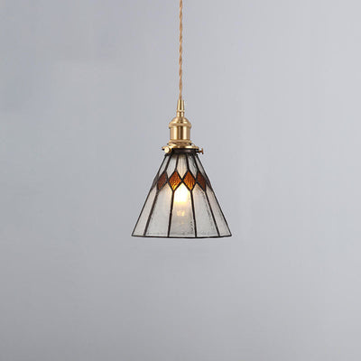 Japanese Vintage Brass Stained Glass Cone 1-Light Pendant Light