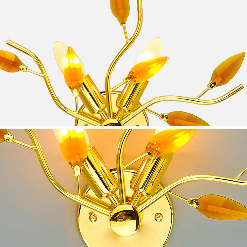Contemporary Nordic Iron Glass Leaf Branch 2-Light Wall Sconce Lamp For Living Room